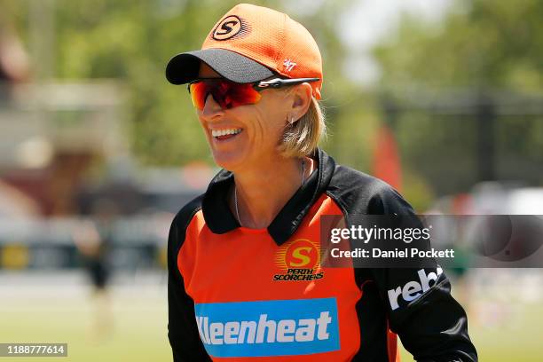 Lisa Keightley, coach of the Scorchers is seen during the Women's Big Bash League match between the Melbourne Stars and the Perth Scorchers at...