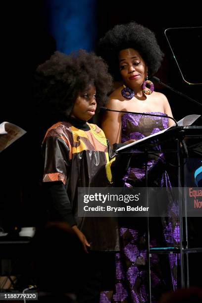 Raif-Henok Kendrick and Rhonda Ross Kendrick speak on stage during the annual Make Equality Reality Gala hosted by Equality Now on November 19, 2019...