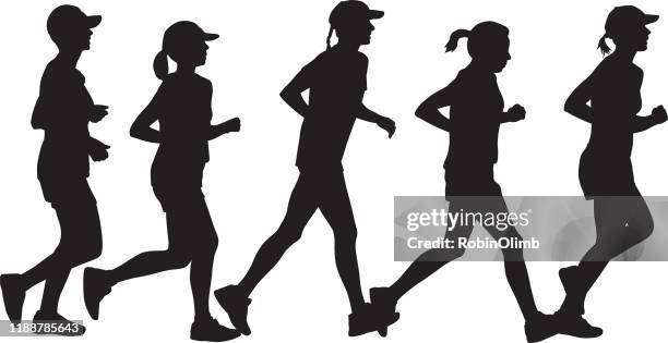 ilustraciones, imágenes clip art, dibujos animados e iconos de stock de cinco mujeres corriendo juntas silueta - five people