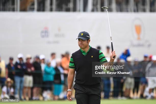 International Teams Hideki Matsuyama of Japan during the final round singles matches at the Presidents Cup at The Royal Melbourne Golf Club on...