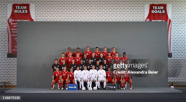 The team of Bayern Muenchen pose during the FC Bayern Muenchen team presentation for the upcoming season 2011/2012 at Bayern's training ground...