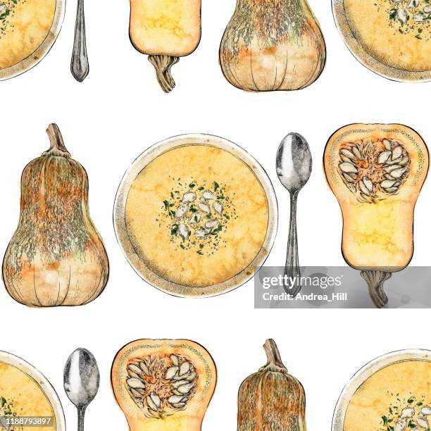 butternut squash soup seamless pattern background. vector ink and watercolor drawing. - squash soup stock illustrations