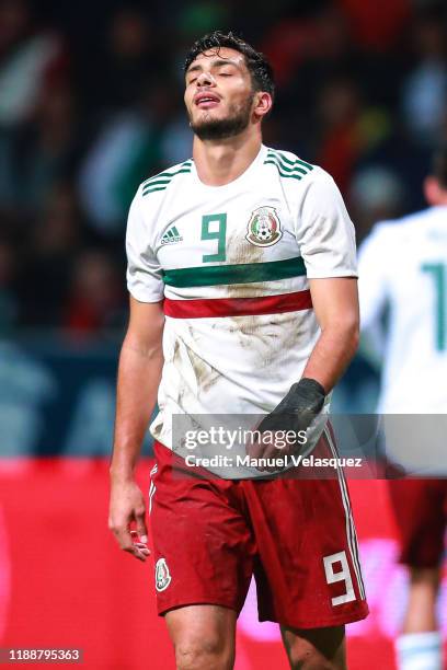 Raul Jimenez of Mexico reacts after missing a chance of goal during the match between Mexico and Bermuda as part of the Concacaf Nation League at...