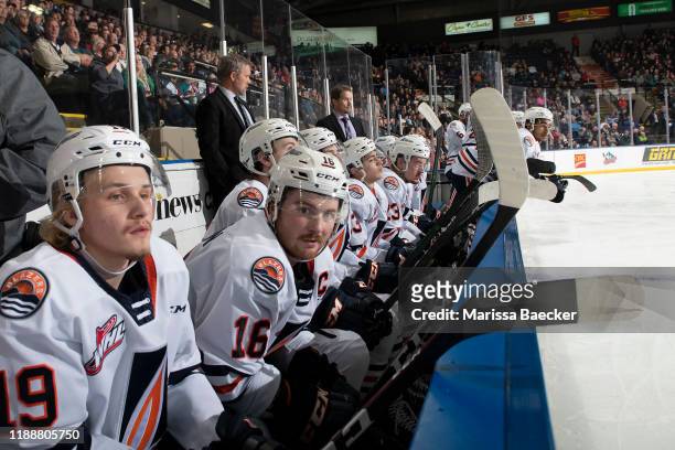 Zane Franklin of the Kamloops Blazers sits on the bench against the Kelowna Rockets at Prospera Place on November 16, 2019 in Kelowna, Canada.