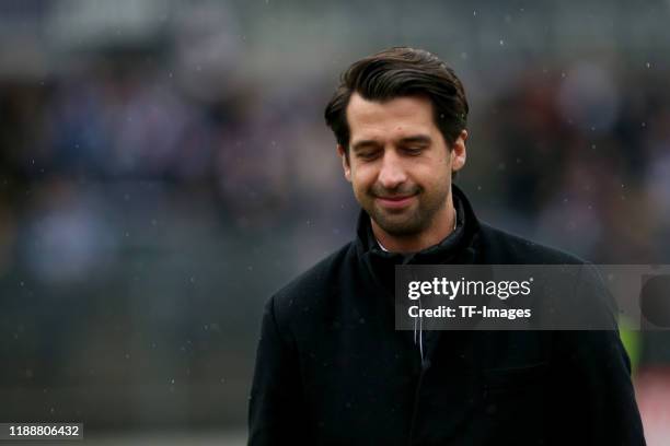 Chief of sport Jonas Boldt of Hamburger SV looks on prior to the Second Bundesliga match between SV Sandhausen and Hamburger SV at BWT-Stadion am...