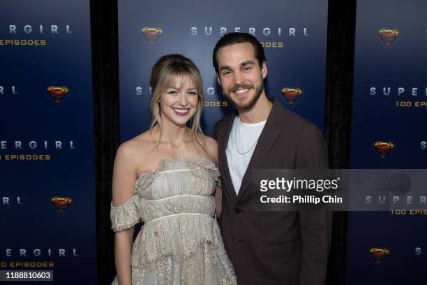 Supergirl star Melissa Benoist and actor Chris Wood attend the red carpet for the shows 100th episode celebration at the Fairmont Pacific Rim Hotel...