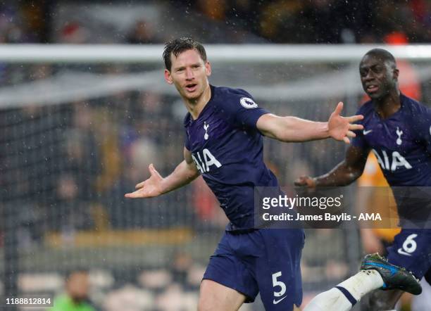 Jan Vertonghen of Tottenham Hotspur celebrates after scoring a goal to make it 1-2 during the Premier League match between Wolverhampton Wanderers...
