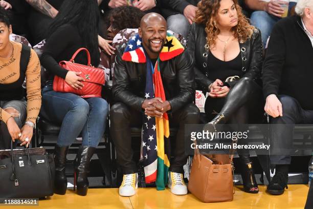 Floyd Mayweather Jr. Attends a basketball game between the Los Angeles Lakers and the Oklahoma City Thunder at Staples Center on November 19, 2019 in...