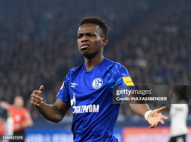 Schalke's Welsh forward Rabbi Matondo reacts during the German first division Bundesliga football match Schalke 04 v Eintracht Frankfurt in...