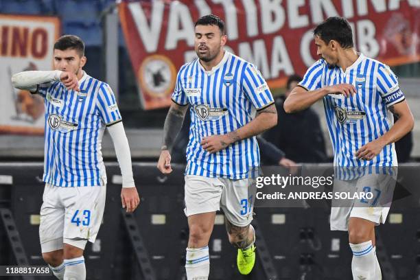 Spal's Italian forward Andrea Petagna celebrates after opening the scoring during the Italian Serie A football match AS Roma vs Spal on December 15,...