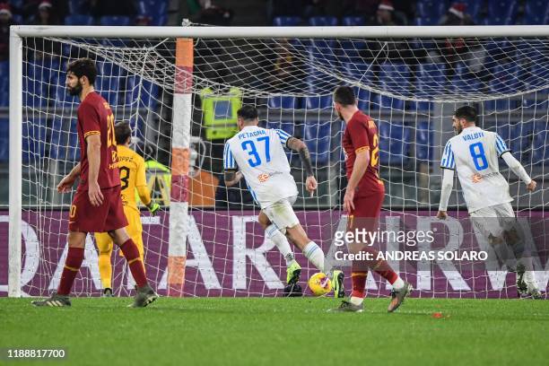 Spal's Italian forward Andrea Petagna opens the scoring during the Italian Serie A football match AS Roma vs Spal on December 15, 2019 at the Olympic...
