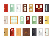Detailed front doors flat vector icons set