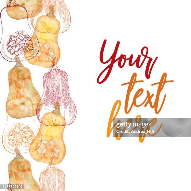 honeynut butternut squash seamless pattern with copy space. vector ink and watercolor drawing. - pumpkin pattern stock illustrations