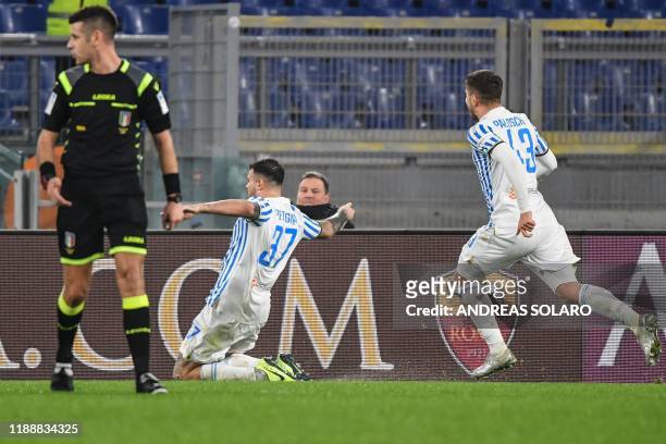 Spal's Italian forward Andrea Petagna celebrates after opening the scoring during the Italian Serie A football match AS Roma vs Spal on December 15,...