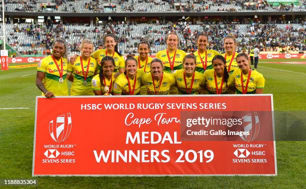 View of Australia during day 3 of the 2019 HSBC Cape Town Sevens women's final match between Australia and New Zealand at Cape Town Stadium on...
