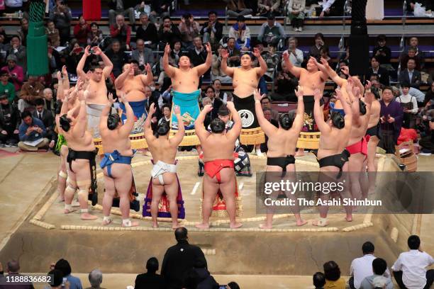 Wrestlers stand on the ring on day ten of the Grand Sumo Kyushu Tournament at the Fukuoka Convention Centre on November 19, 2019 in Fukuoka, Japan.