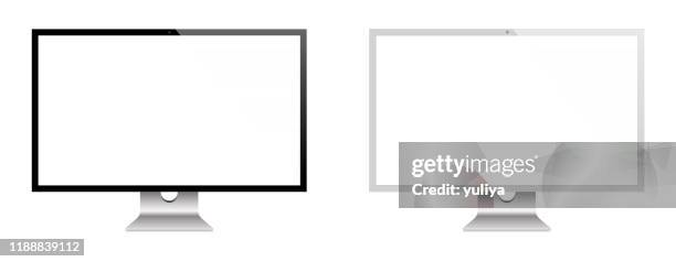 computer monitor and flat screen tv in black and silver color with reflection, realistic vector illustration - ultra high definition television stock illustrations