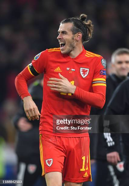 Wales player Gareth Bale celebrates after the UEFA Euro 2020 qualifier between Wales and Hungary at Cardiff City Stadium on November 19, 2019 in...