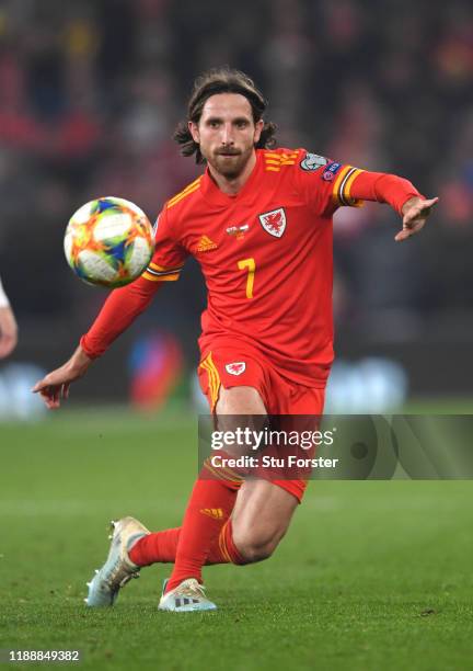 Wales player Joe Allen in action during the UEFA Euro 2020 qualifier between Wales and Hungary at Cardiff City Stadium on November 19, 2019 in...