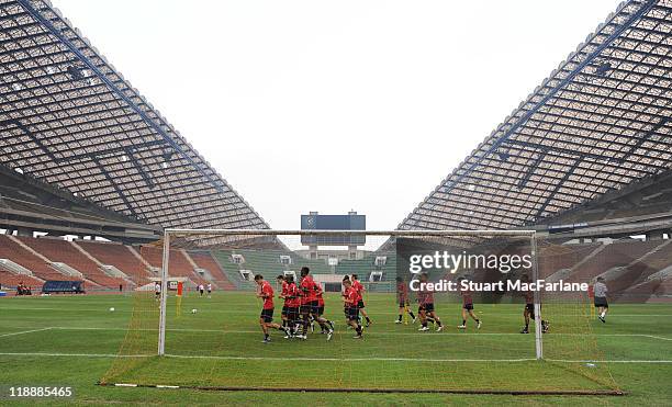 General view of Arsenal players during a training session at Shah Alam Stadium during the club's pre-season Asian tour on July 12, 2011 in Kuala...