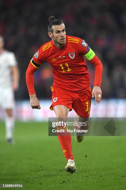 Wales player Gareth Bale in action during the UEFA Euro 2020 qualifier between Wales and Hungary at Cardiff City Stadium on November 19, 2019 in...