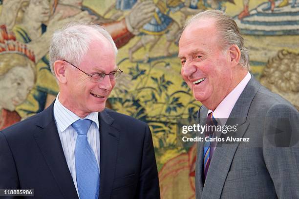 King Juan Carlos of Spain receives European Union Council President Herman Van Rompuy at Zarzuela Palace on July 12, 2011 in Madrid, Spain.