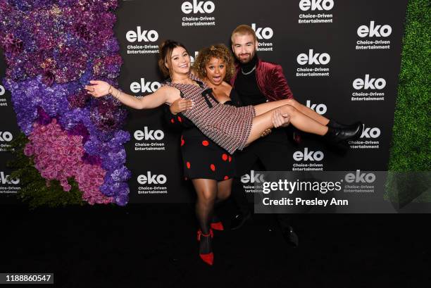 Genevieve Hannelius, Rachel Crow and Blake Dang attend eko Fall Fiction Slate Premiere 2019 at Goya Studios on November 19, 2019 in Hollywood,...