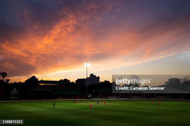 General view at sunset during the Women's Big Bash League match between the Hobart Hurricanes and the Sydney Sixers at North Sydney Oval on November...