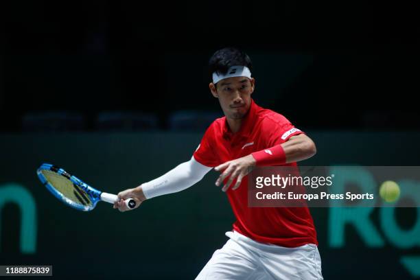Yuichi Sugita of Japan in action during his match played against Filip Krajinovic of Serbia Day 3 of the 2019 Davis Cup at La Caja Magica on November...