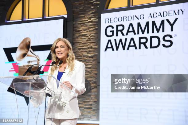 Recording Academy president and CEO Deborah Dugan speaks at the 62nd Grammy Awards Nominations at CBS Broadcast Center on November 20, 2019 in New...