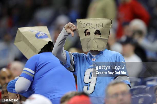 Detroit Lions fan gives a thumbs down during a game against the Tampa Bay Buccaneers at Ford Field on December 15, 2019 in Detroit, Michigan.