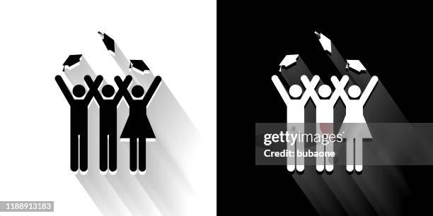 graduating stick figures black and white icon with long shadow - multiple hats stock illustrations