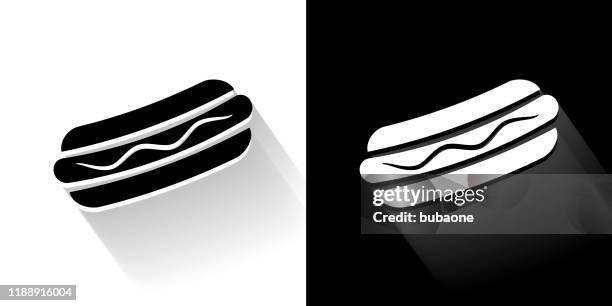 hotdog black and white icon with long shadow - bread roll white background stock illustrations