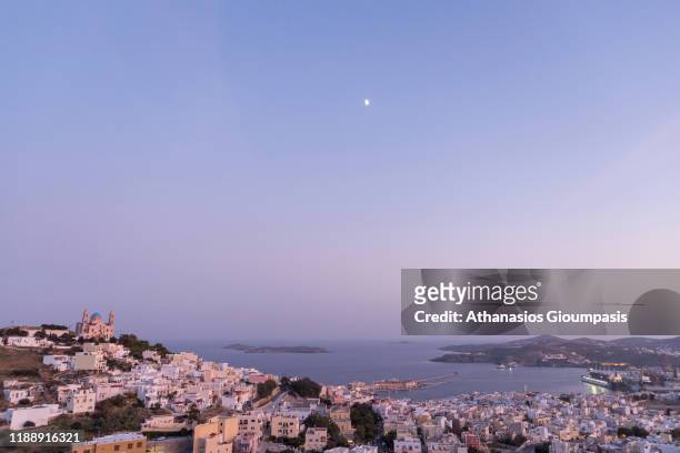 View from Ano Syros during the sunset on November 06, 2019 in Syros, Greece.