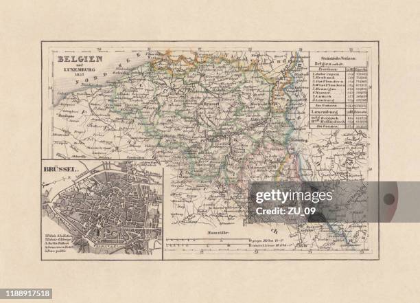 stockillustraties, clipart, cartoons en iconen met oude kaart van belgië en brussel, staal gravure, gepubliceerd 1857 - belgische cultuur