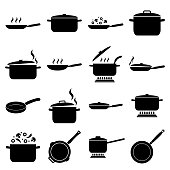 Frying pan and pan set icon, logo isolated on white background. Cooking , Roasting food