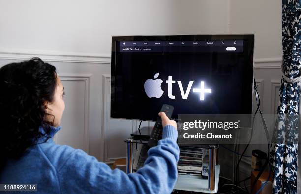 In this photo illustration, the Apple TV + media service provider's logo is displayed on a television screen on November 20, 2019 in Paris, France....