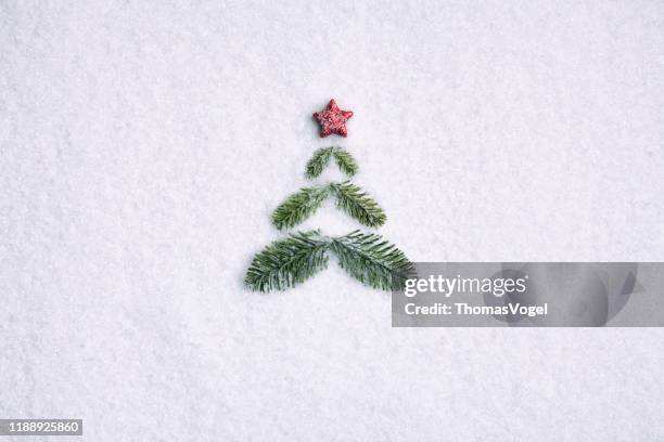 arbre de noel de branche de pin - fond nature blanche-neige - christmas tree stock photos et images de collection