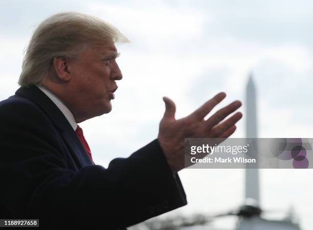President Donald Trump speaks to the media before departing from the White House on November 20, 2019 in Washington, DC. President Trump spoke about...