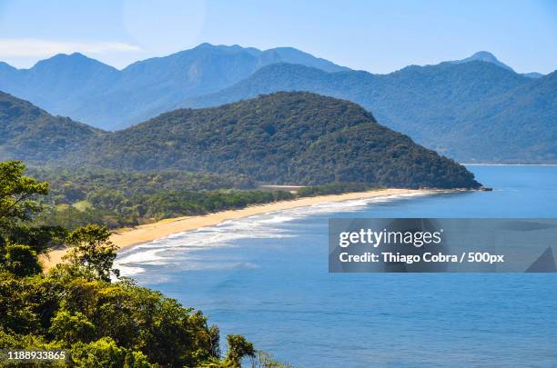 landscape of tropical coastline with hills and beach, ubatuba, sao paulo state, brazil - ubatuba stock pictures, royalty-free photos & images