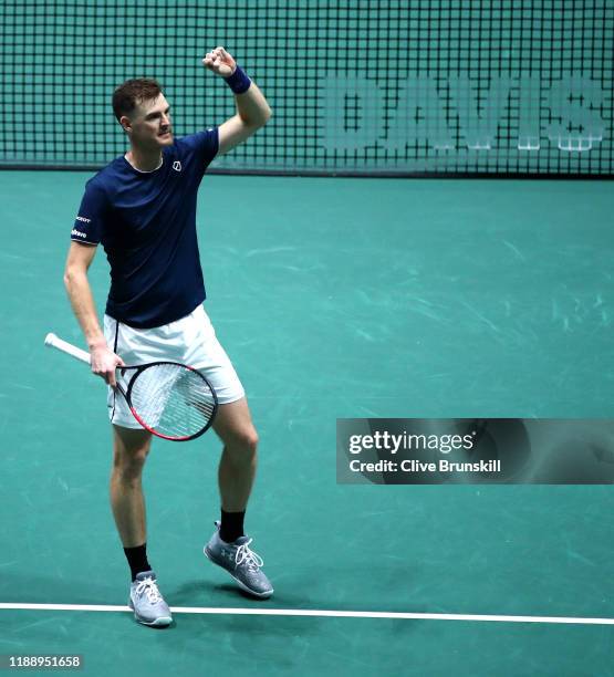 Jamie Murray of Great Britain, playing partner of Neal Skupski celebrates victory after his Davis Cup Doubles Group Stage match against Wesley...