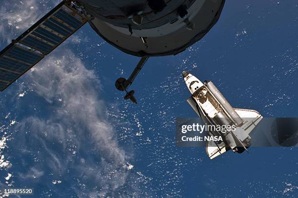 In this handout image provided by the National Aeronautics and Space Administration , NASA space shuttle Atlantis in Earth orbit just before docking...