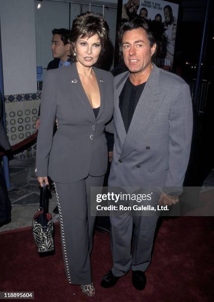Actress Raquel Welch and boyfriend Richard Palmer attend the "Life" Westwood Premiere on April 13, 1999 at Mann Village Theatre in Westwood,...