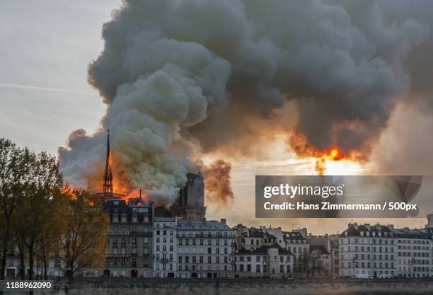 view of burning notre dame, paris, france - v notre dame stockfoto's en -beelden