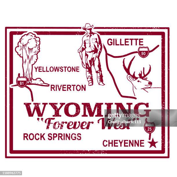 retro wyoming travel stamp - yellowstone national park stock illustrations