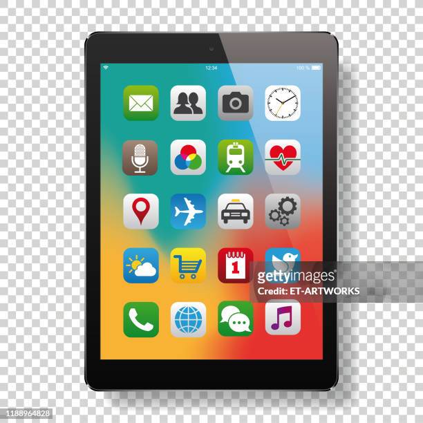 ilustraciones, imágenes clip art, dibujos animados e iconos de stock de tableta digital con iconos de aplicación - tableta digital