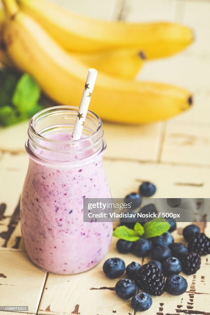Blueberry Banana Smoothie In Glass