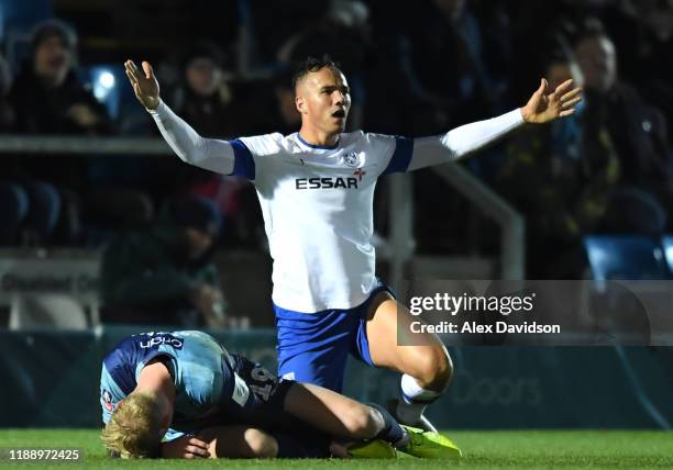 Kane Wilson of Tranmere Rovers reacts after being given a red card for fouling Jack Grimmer of Wycombe Wanderers during the FA Cup First Round Replay...