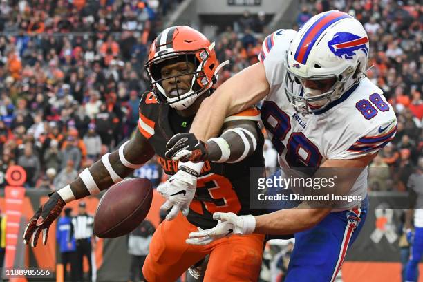 Free safety Damarious Randall of the Cleveland Browns breaks up a pass intended for tight end Dawson Knox of the Buffalo Bills in the fourth quarter...