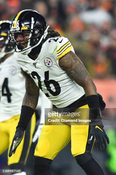 Inside linebacker Mark Barron of the Pittsburgh Steelers waits for the snap in the second quarter of a game against the Cleveland Browns on November...